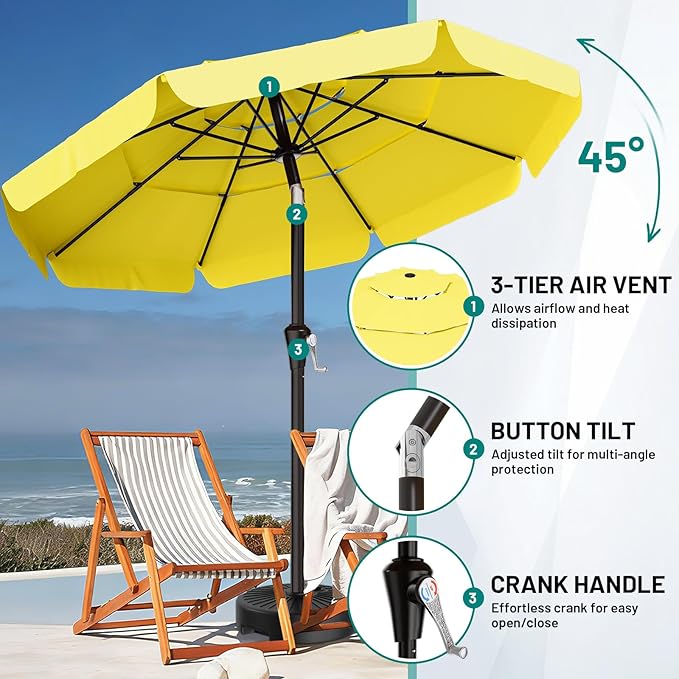 AreShark 9FT 3-Tiers Patio Umbrella with Valance, Outdoor Umbrellas with Crank/Tilt, Table Market Umbrella Vented w/ 8 Sturdy Ribs for Garden, Deck, Backyard, and Pool, Yellow