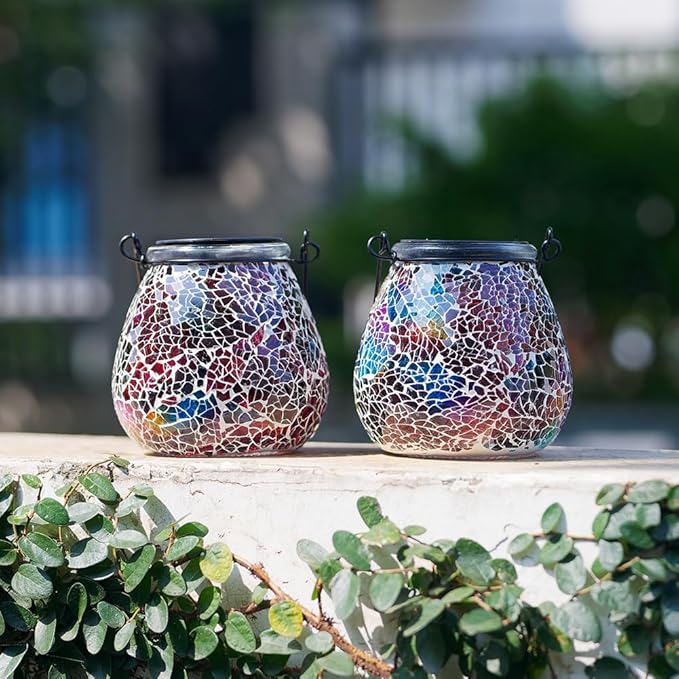 Stargarden 4 Pack Mosaic Solar Lantern ,Outdoor Hanging Waterproof Mosaic Light Solar Table Lamp for Garden ,Patio,Yard Decor (Red)