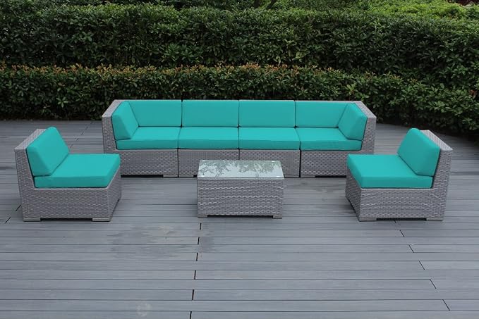 Genuine Ohana Outdoor Patio Wicker Furniture Sectional Coversation 7pc Gray Wicker Sofa Set (Sunbrella Aruba)