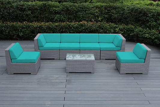 Genuine Ohana Outdoor Patio Wicker Furniture Sectional Coversation 7pc Gray Wicker Sofa Set (Sunbrella Aruba)