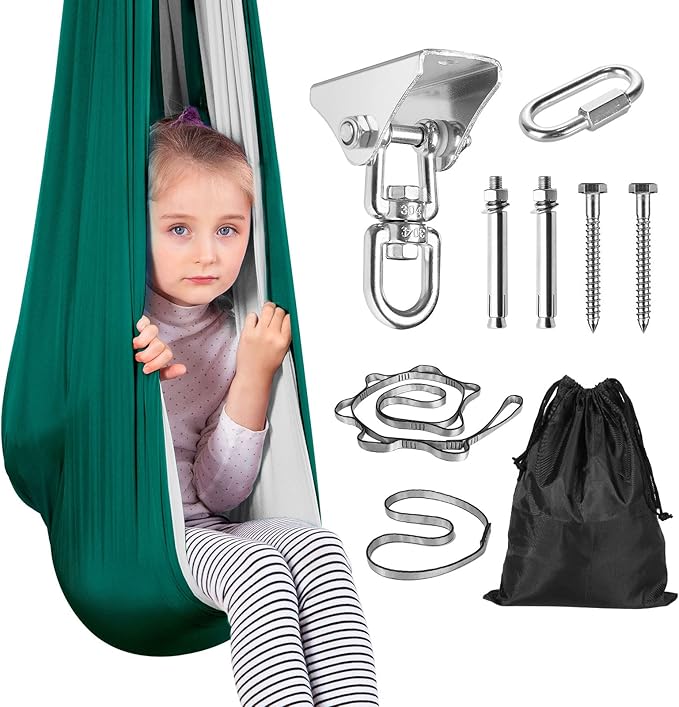 Yoga Swing for Kids Hammock Children Hangin Indoor Outdoor Autism Aspergers,ADHD Kids Hangin Therapy Swing 90inch x 59inch (Hardware Included) Dark Green and Gray