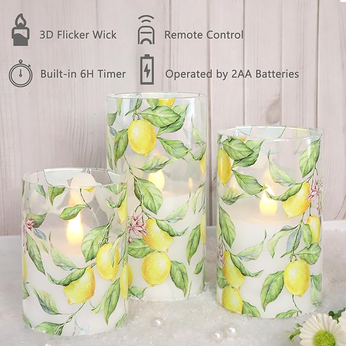 Lemon Glass Flameless Candles with Remote Timer Battery Operated LED Flicker Real Wax Pillar Candles Spring Summer Lemonade Party Kitchen Table Dinner Christmas Holiday Decor D3 x H4, 5", 6"