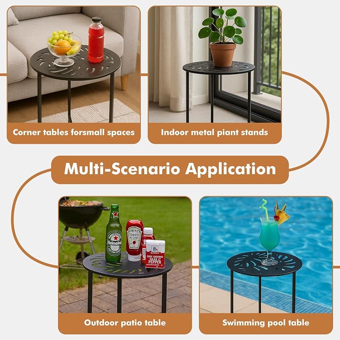 Party Zealot Set of 2 Small Round Metal Side Tables, 13-Inch Black Outdoor End Tables for Patio, Balcony, Porch or Garden – Weather-Resistant Corner Coffee Table for Small Spaces & Indoor Plant Stand