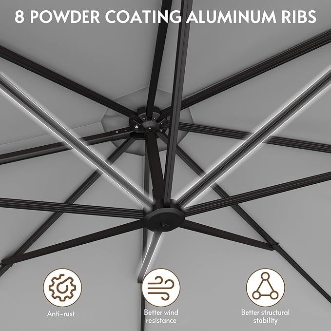 11FT Cantilever Patio Umbrella with Base Included, Large Cantilever umbrella with 360°Rotation, Heavy-Duty Offset Outdoor Umbrella for Patio,Pool,Garden and Backyard (Gray)