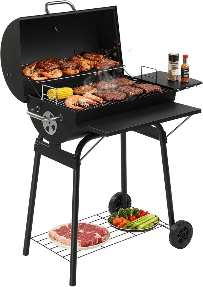 VINGLI Upgraded Barrel Charcoal Grill with Side Front Tables, Adjustable Charcoal Tray BBQ Grill Outdoor Smoker Grill with Wheels for Party Garden Patio and Backyard Cooking 39''D × 24''W × 46''H