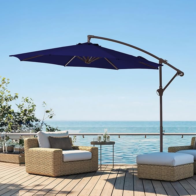 10FT Patio Umbrella, Outdoor Offset Cantilever Umbrella with Sturdy 8 Ribs and Reinforced Base, Easy Tilt Adjustment for Backyard Pool Garden,Navy Blue