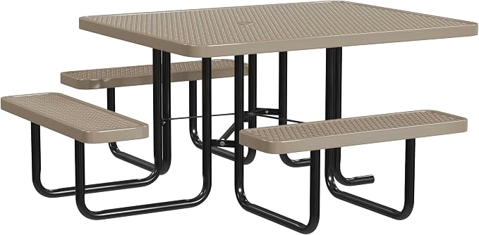 Leisure Craft Metal Picnic Table with Bench - 46" Square Outdoor Dining Table with Umbrella Hole, Heavy Duty Thermoplastic Coating, ADA Compliant, Commercial Grade Furniture Made in USA - Beige