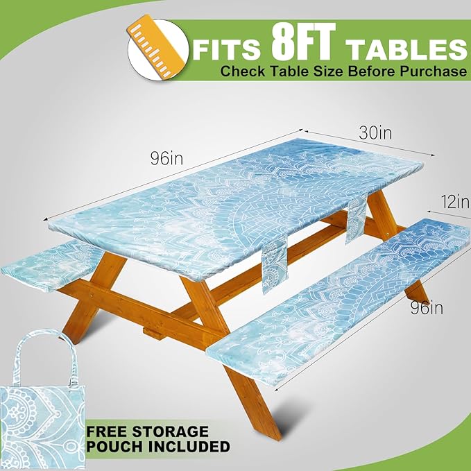 Fitted Picnic Table Cover with Bench Covers, Windproof Vinyl Table Cloths Outside Camping Cooking Backyard Furniture Seat Cushion Tablecloth Activities Party Decor Decorations Para Acampar Equipment