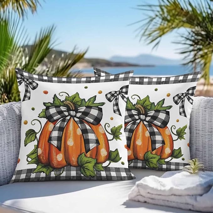 Orange Pumpkins Outdoor Waterproof Pillow Covers, Polka Dot Bow Fall Maple Leaves Plaid Decorative Square Throw Pillowcase Sofa Cushion Sham for Patio/Couch/Chair, 18"x18" 2 Pack