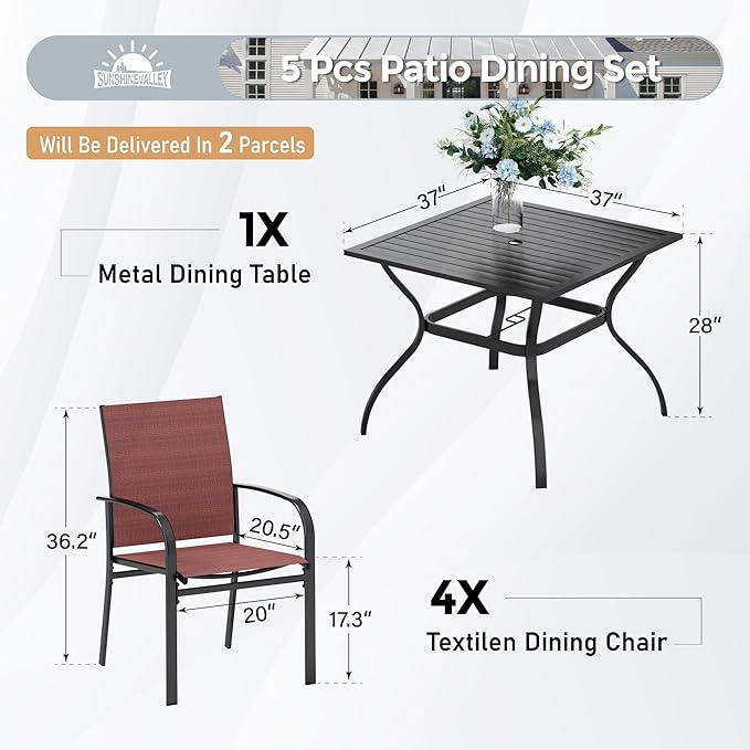 SUNSHINE VALLEY 5 Piece Patio Dining Set for 4, 37”x37” Square Table with Umbrella Hole, 4 Metal Red Chairs, Outdoor Table and Chairs Set for Lawn Backyard and Deck