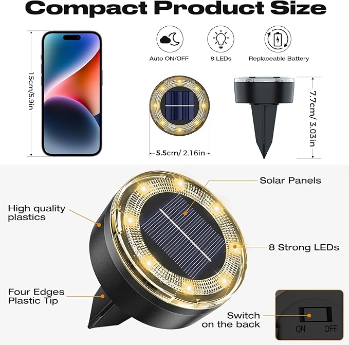 vighep Mini Solar Ground Lights, 12 Pack Solar Lights Outdoor Waterproof, Upgraded LED Flat Landscape Lighting for Outside Pathway Garden Patio Yard Driveway,Warm White
