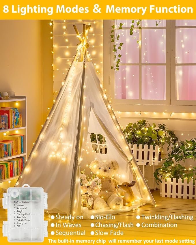 4 Pack 100 LED Fairy Lights Battery Operated with Remote, 33 FT Warm White | Cuttable, 8 Modes, Memory, Dimmable, Waterproof Battery String Lights with Timer for Indoor Outdoor, Christmas Decorations