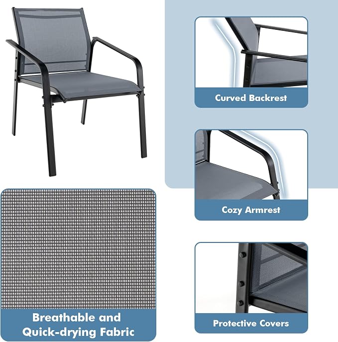 Tangkula 4 Pieces Patio Furniture Set, Outdoor Conversation Set with Tempered Glass Coffee Table, Outdoor Bistro Set with Fabric and Anti-Rust Steel Frame for Garden, Poolside and Backyard (Gray)
