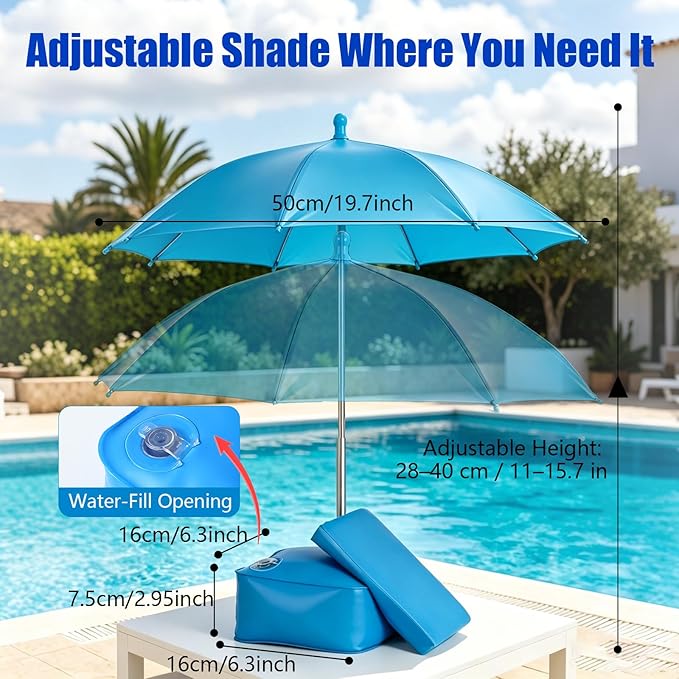 Poolside Phone & Drink Shade Umbrella with Water-Fill Base Touchscreen Phone Pouch Adjustable 19.7" Canopy Portable Sun Shade for Pool Beach Patio Backyard & Camping Carry Bag Included