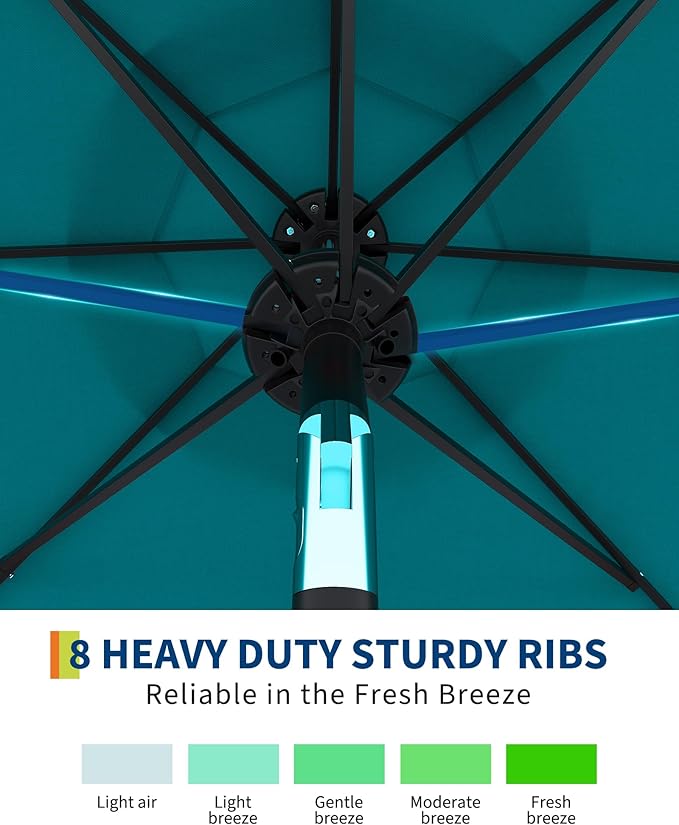 GarveeLife 10 ft Patio Umbrella with Solar Lights, 8 Ribs Outdoor Market Table Umbrella with 40 LED Lights & Tilt Crank for Pool, Deck, Backyard (Turquoise)