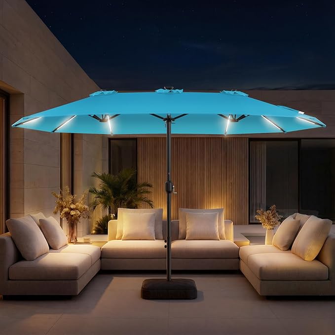 HOMSHADE 15FT Double Sided Umbrella with Light Bar and Base, Rectangle Oversized Patio Umbrellas, Extra Large Outdoor Table Umbrella for Pool, Patio, Garden (Light Blue)