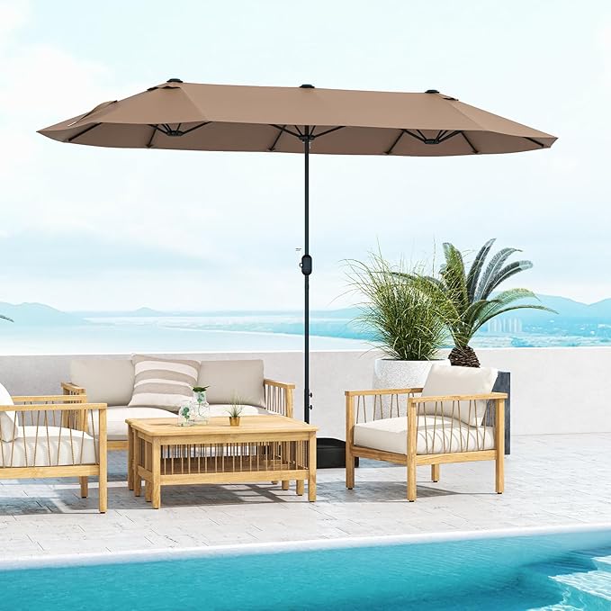 Giantex Patio Umbrella with Base, Double-Sided Outdoor Umbrella with Crank Handle, Umbrella Base Stand with 2 Sandbags, 12 Metal Ribs, Market Umbrellas for Garden Poolside Deck