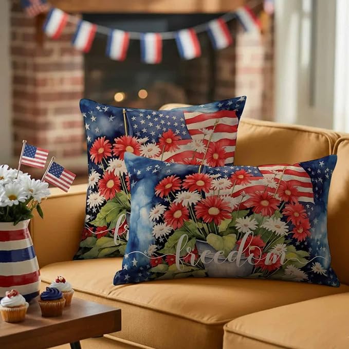 Independence Day Patriotic Flag Outdoor Pillow Covers 18x18in Pack of 2 Waterproof Pillowcase Blossom Flower Green Leaves Decorative Throw Cushion Case for Patio Couch Sofa