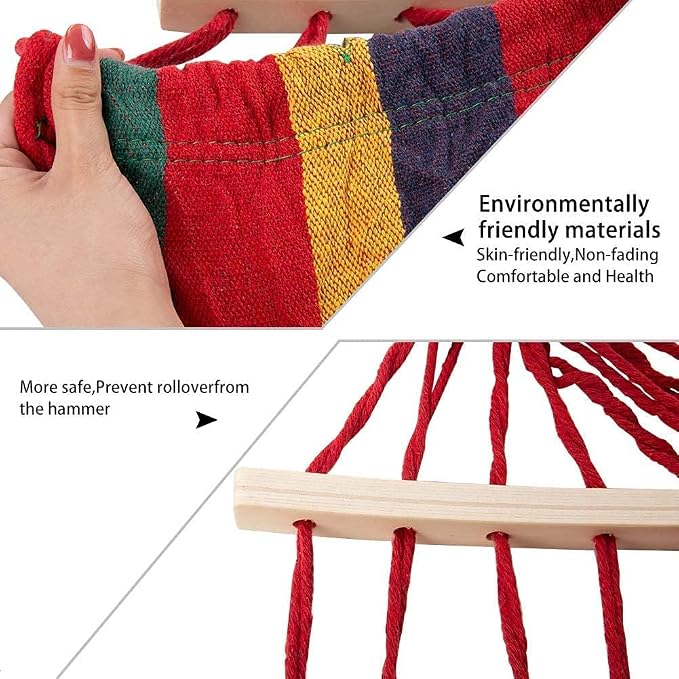 Portable 2 Person Hammock Colorful Stripe Hammocks Swing with Spreader Bar Carry Bag for Patio Lawn Garden Camping,Beach,Backyard, Outdoor Indoor (Red)(Cotton)