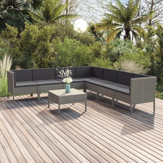 8 Piece Patio Lounge Set with Cushions,Patio Sofa,Outdoor Daybed,Outdoor Furniture Sets,Patio Seating,Patio Conversation Sets,Modern Set,Patio Furniture Set,Front Porch Furniture, Poly Rattan Gray