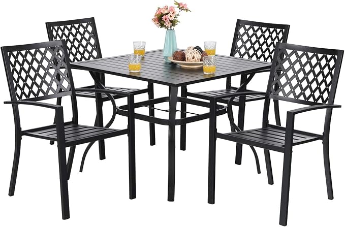 PHI VILLA Patio Dining Set Outdoor Table and Chairs Furniture Set 7 Piece, Large 60.2" Rectangle Bistro Table with Umbrella Hole and 4 Backyard Garden Chairs Support 300LBS for Deck, Lawn, Garden