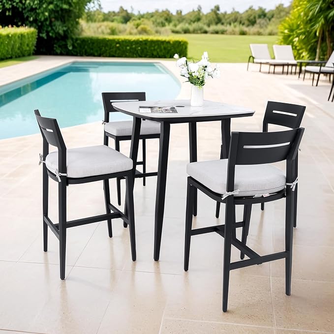 Modern 5-Piece Outdoor Patio Bar Table Set for 4, Small Square Sintered Stone Table with 4 Sunbrella Cushion Bar Chairs, Aluminum Frame and Umbrella Hole, Weather/Heat-Resistant