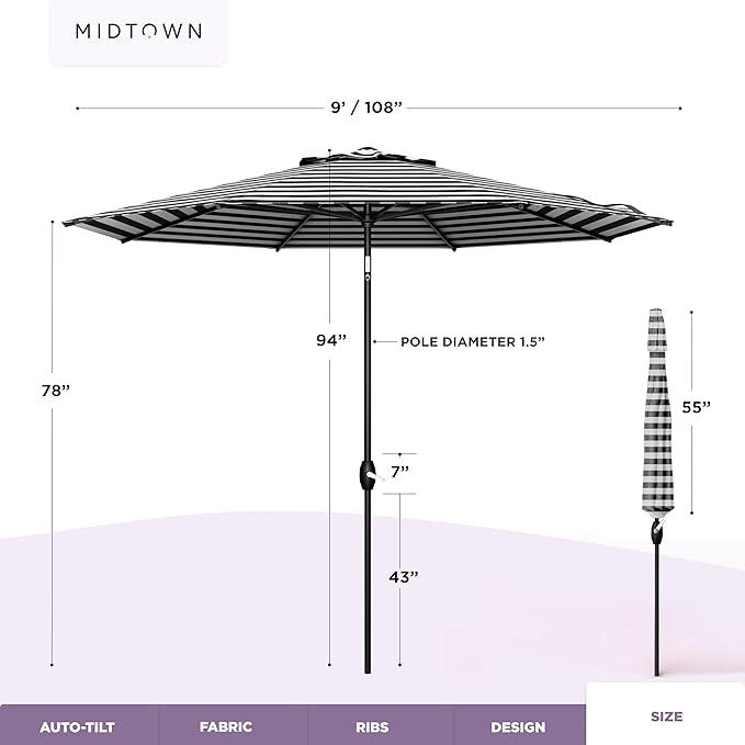 Midtown Umbrellas – The Lean 9 Ft Patio Umbrella with 10-Year-No-Fade Acrylast Acrylic Fabric, Auto-Tilt and 8 Reinforced Ribs for Deck, Pool, Garden, Hotel & Cafes – Urban Stripes Canopy, Black Pole