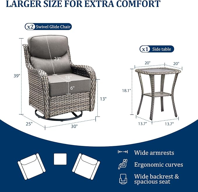 Luxury Swivel Rocker Chairs Set with 6" Thick Cushion 3 piece Wicker Outdoor Swivel Rocker Patio Chair with Side Table High Back Comfortable Outdoor Patio Furniture Set - Gery | Gery