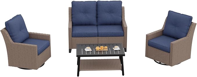 NestNook 4 Piece Patio Furniture Set, Outdoor Rattan Swivel Glider Chairs Set of 2 with Loveseat and Coffee Table Wicker Patio Conversation Set for Backyard Balcony & Poolside（Blue）