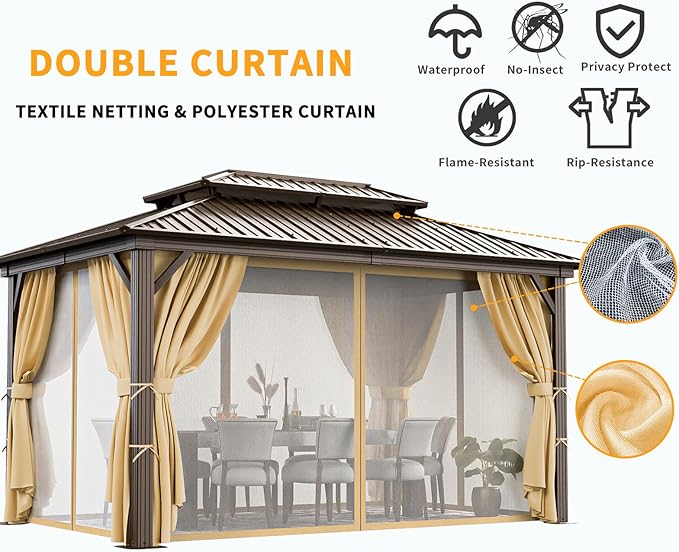 HOTEEL 10x15 Hardtop Gazebo On Clearance with Heavy Duty Galvanized Steel Metal Roof, Patio Hard Top Gazebo with Curtains & Netting,Outdoor Permanent Hot tub Pergola Pavillon for Backyard,Deck,Brown