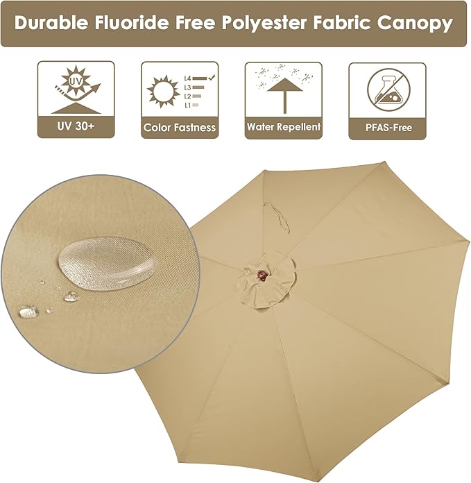 9 Ft Wooden Patio Umbrella 8 Ribs Table Parasol Rope Pulley Outdoor Garden Yard
