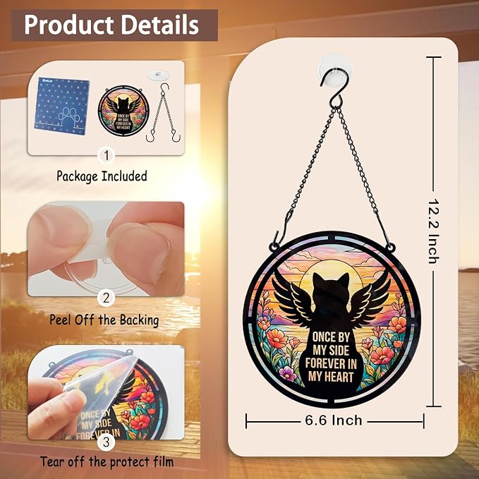 BamLue Cat Angle Memorial Suncatcher Window Hanging Decor, Loss of Cat Sympathy Sun Catchers Wall Art Gifts for Pet Lover