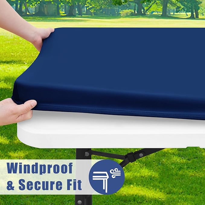 Moosfor Spandex 6 Foot Rectangle Table Cloth 2 Pack, Elastic Fitted Tablecloths for Picnic, Stretch Washable Patio Table Cover for Outdoor, Camping, Banquet and Parties (Navy, 18"x72")