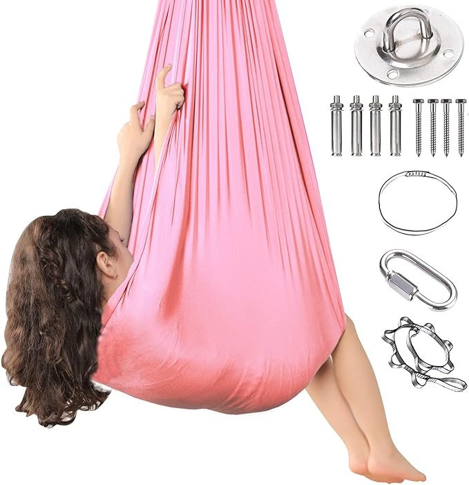 Yoga Swing for Kids Hammock Children Hangin Indoor Outdoor Autism Aspergers,ADHD Kids Hangin Therapy Swing 110inch x 59inch (Hardware Included) Pink