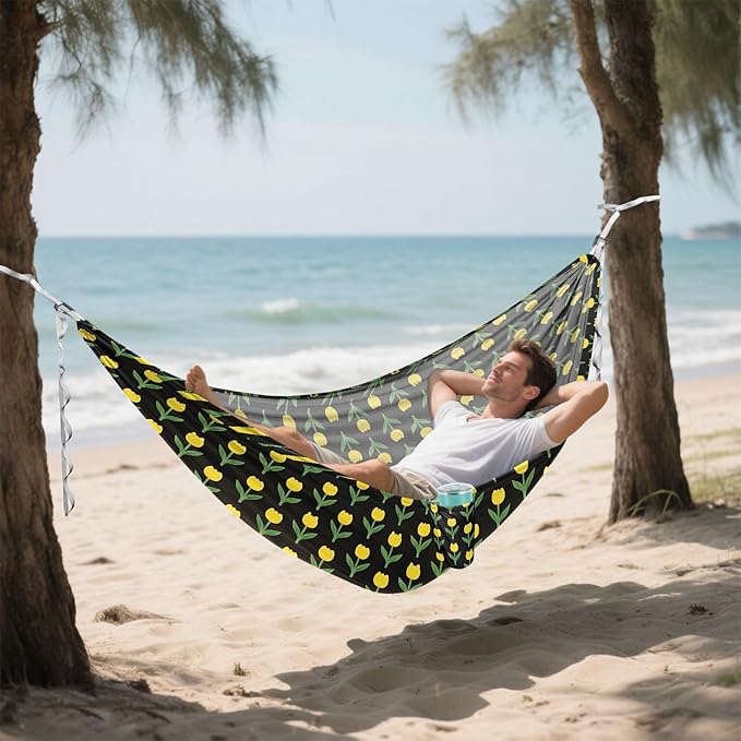 Camping Hammock Outdoor Hammocks for Outside Yellow Tulip Black Beach Trees Portable Lightweight with Pockets Tree Straps Indoor