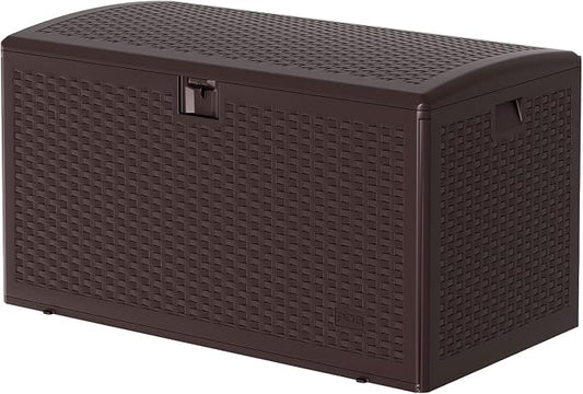 73 Gallon Large Resin Deck Box, Lockable Indoor Outdoor Storage Container for Patio Furniture, Pool Toys & Garden Tools, Waterproof Heavy Duty Deck Box with Seat Capacity - Brown