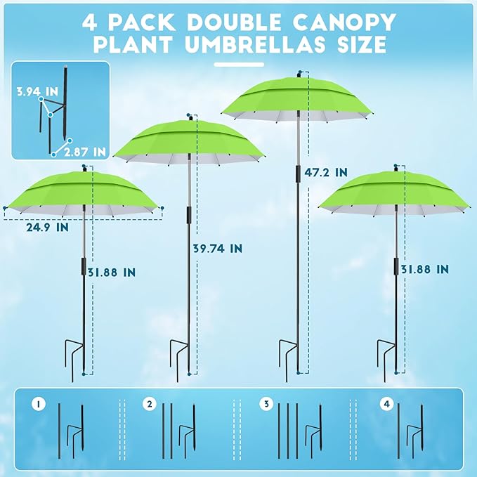 4 Pack 24.9" Double Canopy 47.2" Height Plant Umbrellas for Outdoor Plants, 3D Stakes 360° Adjustable Plant Shades for Outdoor Plants, Garden