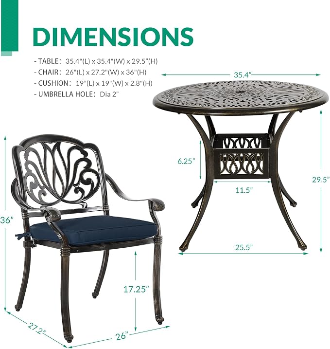 VIVIJASON 3-Piece Patio Bistro Sets, All-Weather Cast Aluminum Bistro Table Set Outdoor Patio Furniture, Include 2 Cushioned Chairs and 35.4" Round Table, 2" Umbrella Hole, Navy Blue Cushion