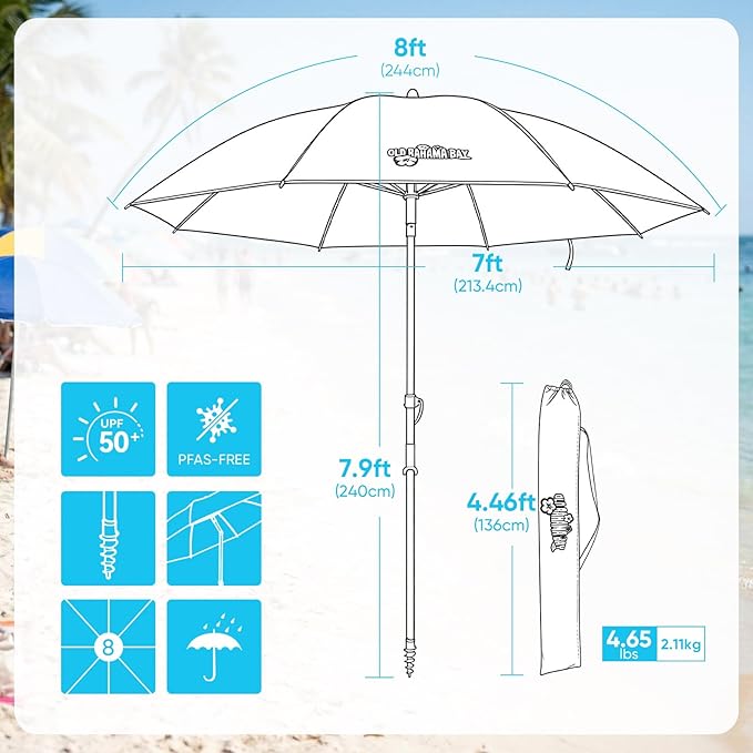 Old Bahama Bay 8ft Beach Umbrella with Screw Sand Anchor & Tilt Mechanism, UPF 50+ UV Protection, Windproof Heavy Duty Portable Sun Shelter with Carry Bag for Patio, Garden, Pool & Backyard, Teal/Blue
