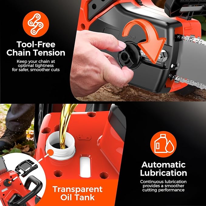 Battery Powered Chainsaw,12" & 16" Dual Guide Plate.21V Electric Cordless Chainsaw with 2 Batteries and Charger.Brushless Chain Saw Kit with Safety Goggles and Gloves for Tree Pruning and Wood Cutting