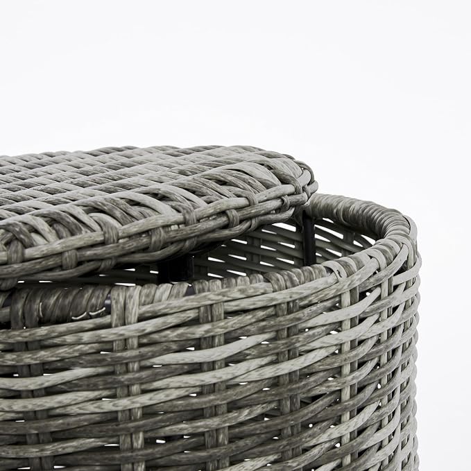 Pemberly Row Outdoor Side Table with Storage, Gray Hand-Woven All-Weather Wicker, Round Accent Table, 18 in Wide Top, 19 in Deep Storage, Adjustable Feet for Patio or Terrace Use