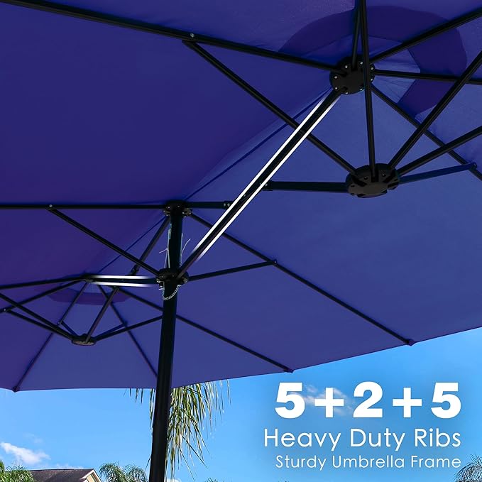 Kozyard 15 FT Double-Sided Rectangular Patio Umbrella, Base Included, Crank Lift Outdoor Patio Umbrella with UV Protection for Backyard, Pool & Garden Navy Blue