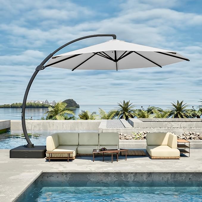 12FT Cantilever Umbrella with Base Large Curvy Outdoor Aluminum Offset Umbrella w/ 360° Rotation, UV Resistant Canopy for Patio, Garden, Backyard, Light Gray