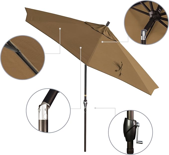 California Umbrella 9' Round Aluminum Market Umbrella, Crank Lift, Push Button Tilt, Bronze Pole