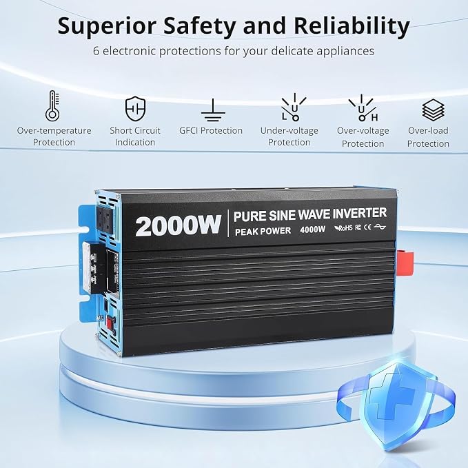 2000W Pure Sine Wave Power Inverter 12V to 110V/120V DC to AC with LCD Display, Remote Controller 3 x AC Outlets & 2.1A USB Car Adapter for Car Truck Boat RV Solar System