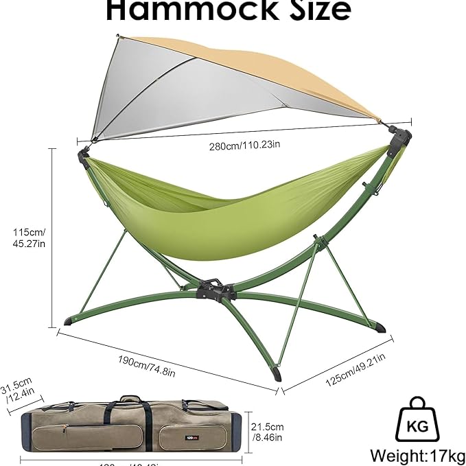 Portable Outdoor Hammock with Quick-Fold Stand and Adjustable Sunshade for Ultimate Relaxation in Gardens, Camping, and Beach Settings - Spacious Design with Storage Bag Included