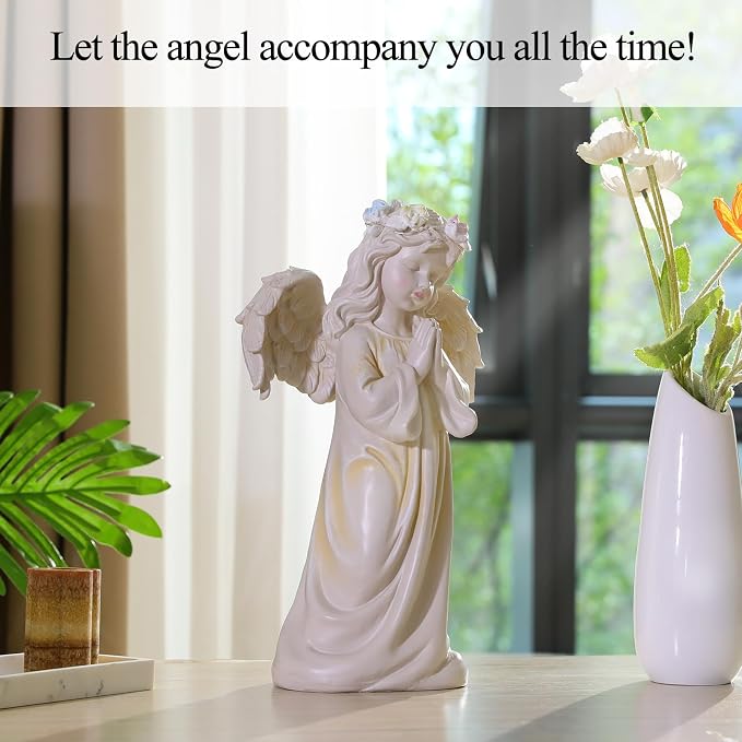 Angel Garden Statue, Memory Guardian Solar Decor with Warm Light | Waterproof Outdoor Garden Decor Praying Angel Figurine Sculpture for Lawn Yard Patio, Sympathy Present, White