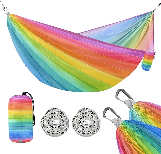 Qilmy Rainbow Camping Hammock Single – 330 lbs Capacity, Lightweight with Tree Straps & Carabiners, Portable for Hiking, Travel, Backpacking