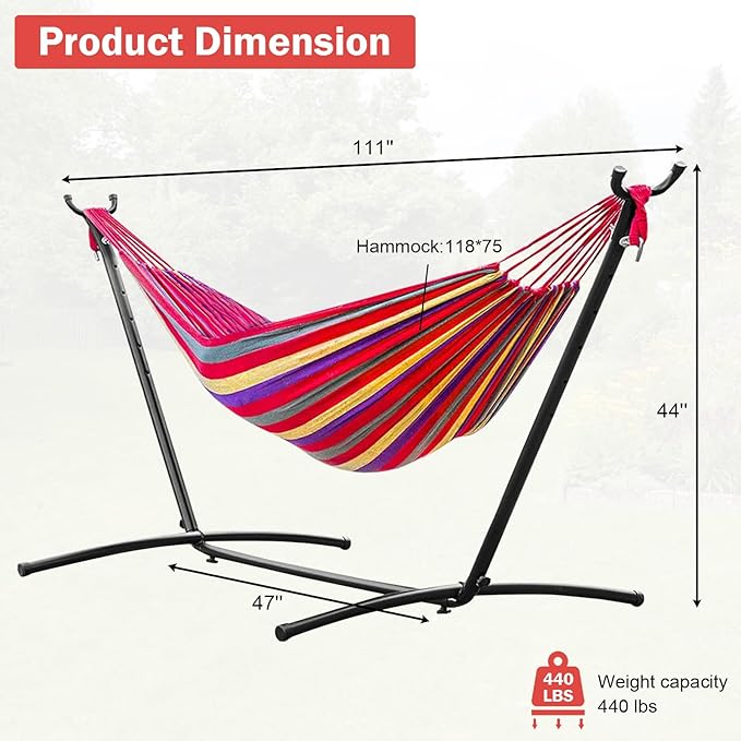 Double Hammock Portable Camping Hammock with Heavy Duty Steel Hammock Stand and Carrying Bag for Outdoor Patio Backyard Indoor,Red (Red)