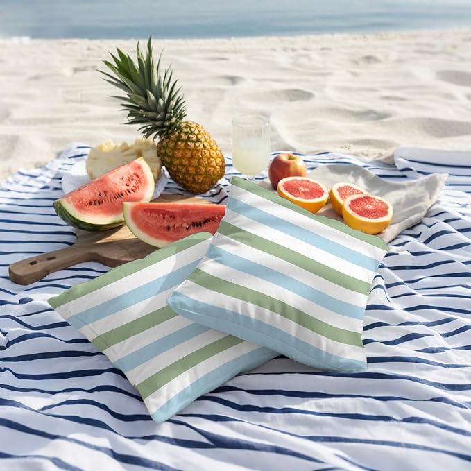 Sage Green Blue Striped Outdoor Pillow Covers 24x24 Inch Throw Pillow Covers Set of 2 Waterproof Decorative Pillow Cases Farmhouse Sage Green Stripes Cushion Covers for Patio Furniture Garden Couch